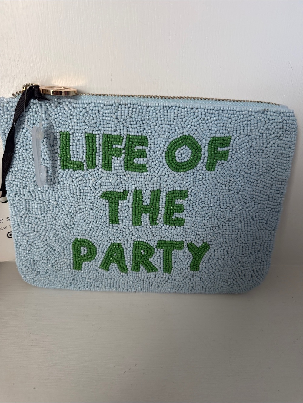 kate spade Light Blue Beaded 'Life of the Party' Pouch with Green Lettering NWT